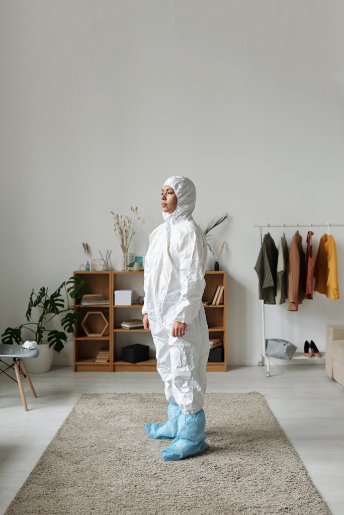 Woman Wearing A White Protective Suit